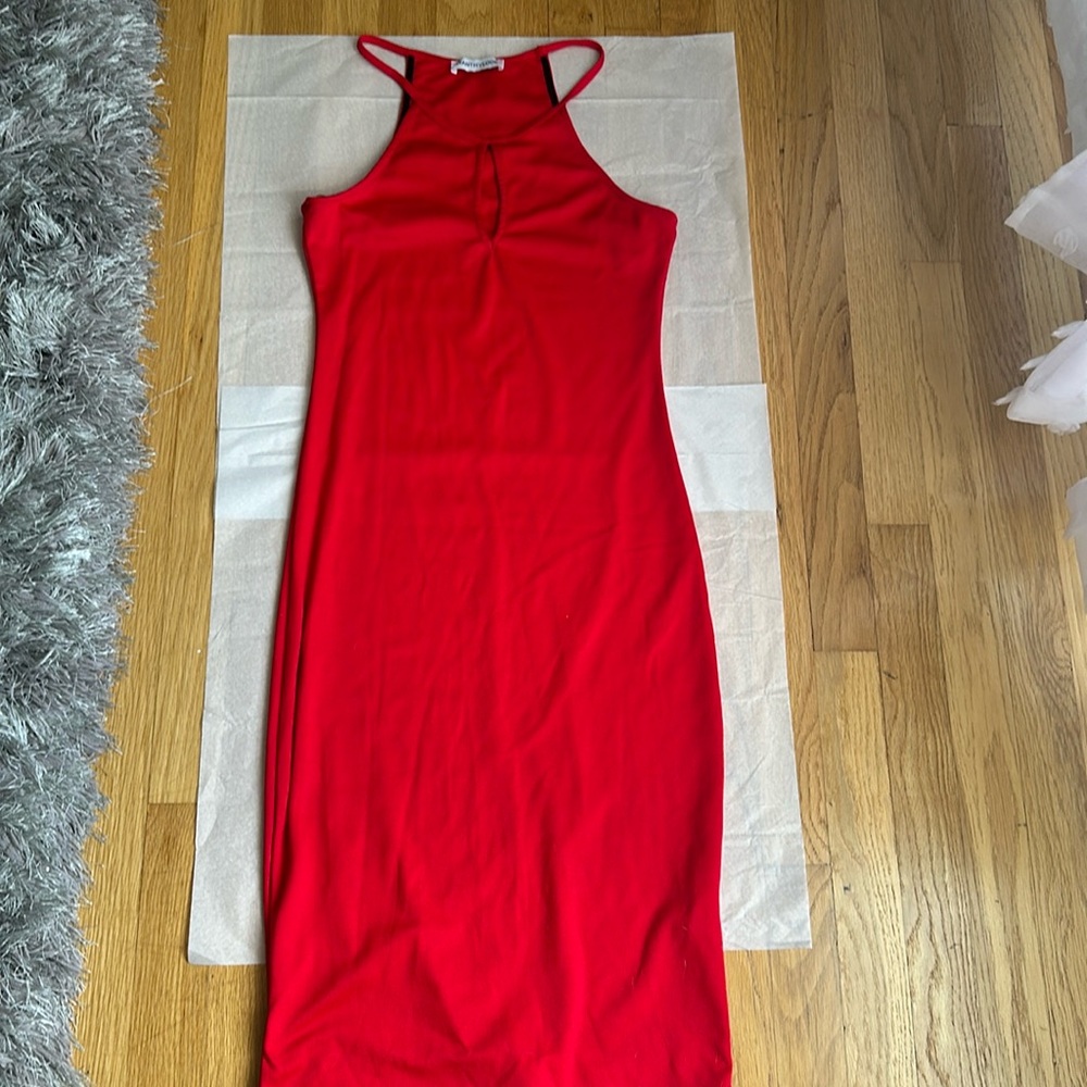 Red halter midi dress with keyhole cutout